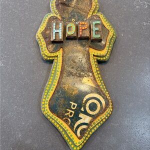 Rustic Cross made of wood & metal with Hope with Yellow and Green Accents